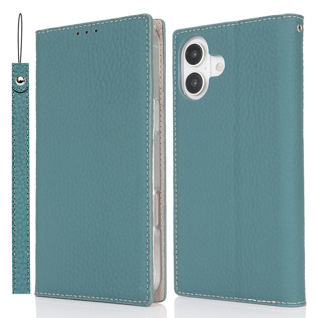 For iPhone 17 Wallet Case Genuine Cow Leather Phone Cover Litchi Texture