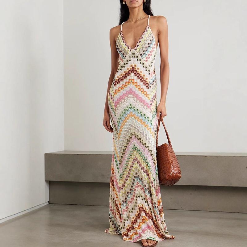 European Style Spring and Summer Print Maxi Dress INS Slim Fit Party Women Clothing S