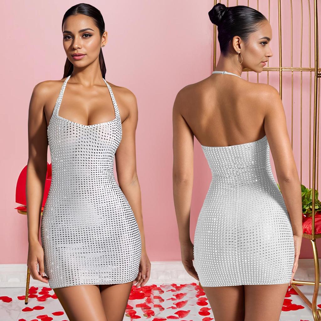 C7179 European & American Fashion Sexy Halter Rhinestone Bodycon Pencil Dress for Women