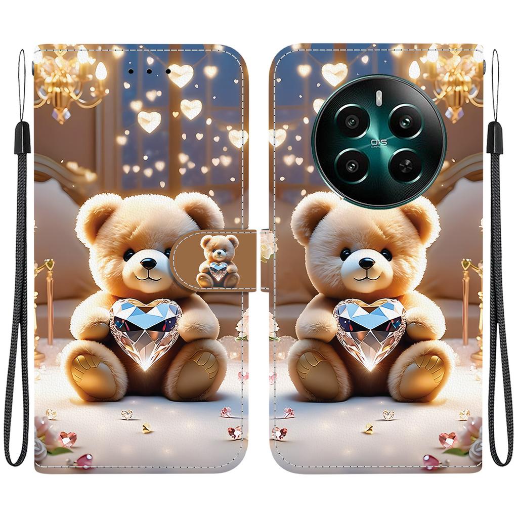 Handmade PU Leather Flip Case for Realme 12+ /Realme 12 Plus Anti-Slip Shockproof Cover with Wrist Strap & Heart/Rose Cat Designs