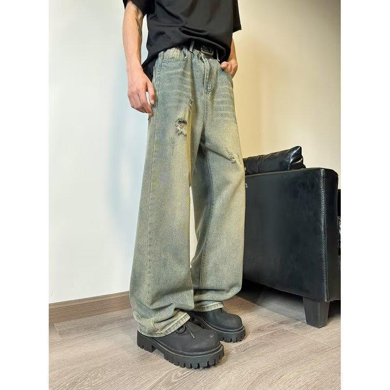 Men'S Retro Washed Vintage Wide Leg Jeans, Men'S Loose Straight Leg Casual Versatile Vibe Hanging Long Pants