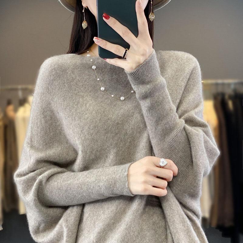 Spring Autumn Women Long Sweater Merino Wool Knitted Sweater Fashion Casual Lady O-NeckPullover Loose Women Bat Shirt