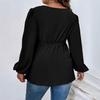 Large Size Women's New V-neck Lantern Sleeve Top Women's Lace-up Waist Thin Ruffle Hem T-shirt