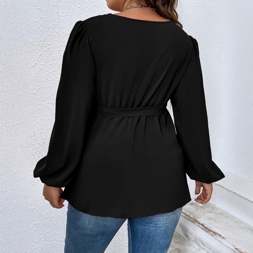 Large Size Women's New V-neck Lantern Sleeve Top Women's Lace-up Waist Thin Ruffle Hem T-shirt