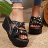 Women's Punk Style Slide Sandals with Chunky Sole, Metallic Star Chain Accents, and Buckle Straps - Black Open-Toe Platform Shoes for Casual Summer