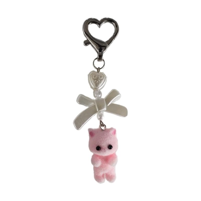 Cute fuzzy kitty cat heart bow keychain Plush Bear kitten doll kawaii bow pearl heart Keyring Backpack Bag Pendant for Women