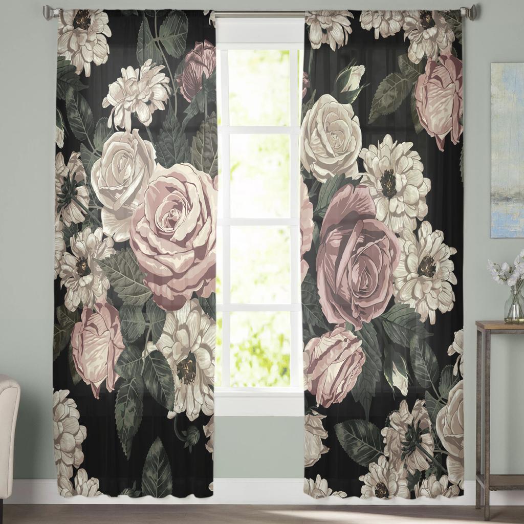 Plant Flowers Green Leaves Tulle Sheer Window Curtains for Living Room Kitchen Children Bedroom Voile Hanging Curtain
