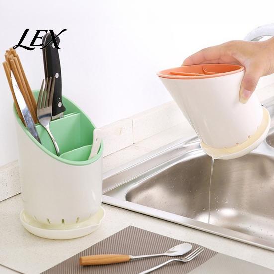 Split Cutlery Storage Box Multi-compartment Draining Chopstick Holder, Plastic Utensil Organizer with Drain Hollow Bottom Drainer Tray, Compact Large