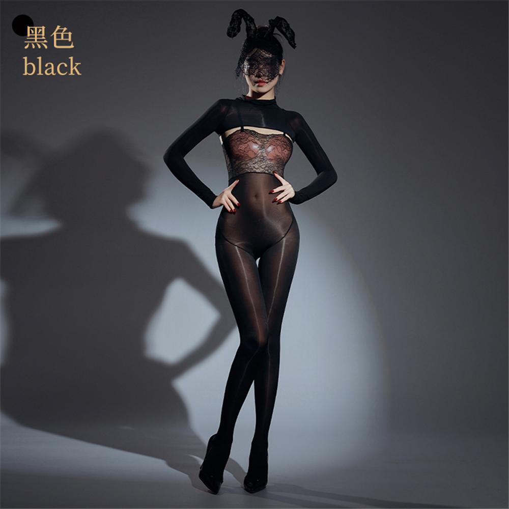Sexy Women Patchwork Yoga Bodysuit Oil Glossy Shiny Open Crotch Shaping Tights Sheer See Through Cosplay Maid Leotard