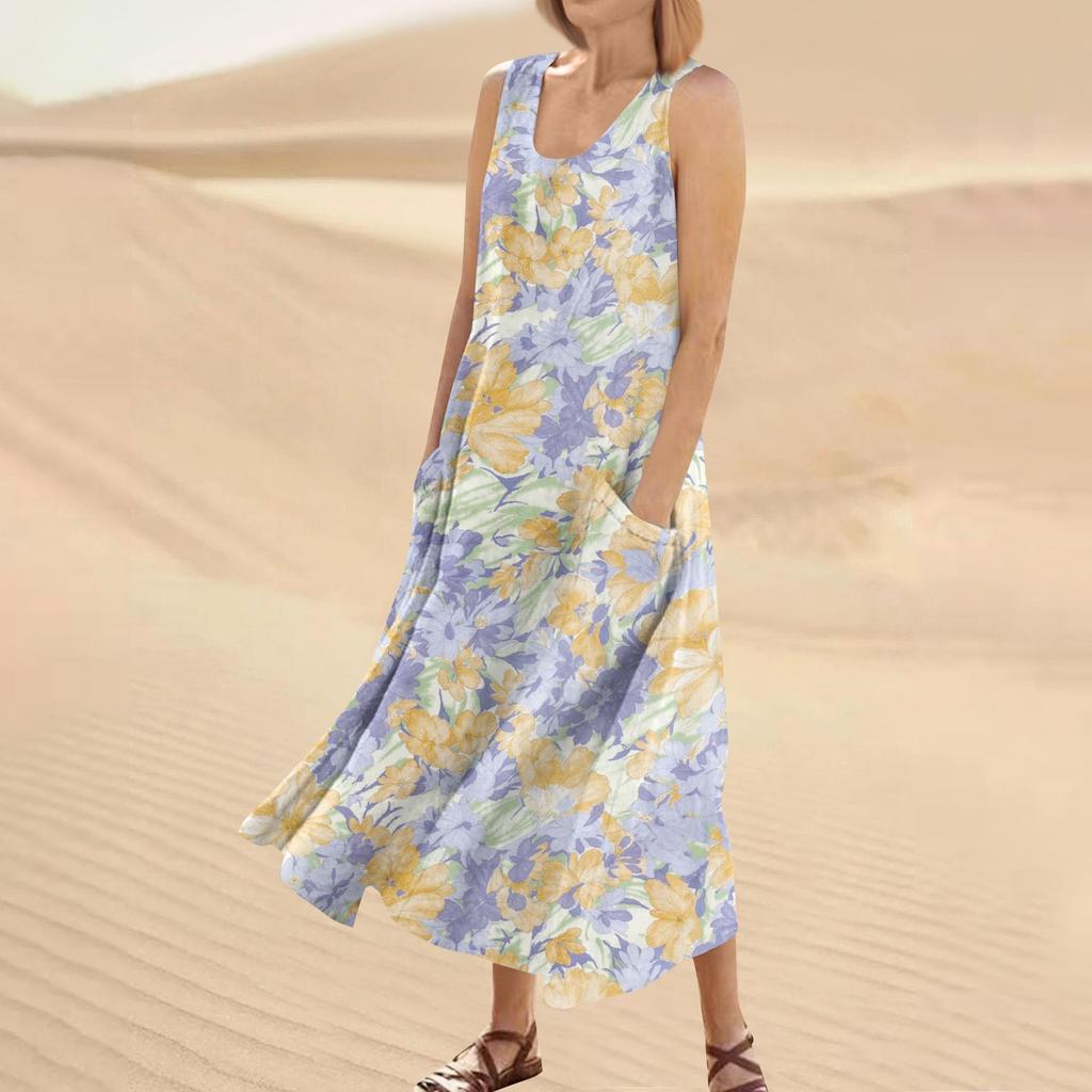 Women's Fashion Casual Solid Colour Sleeveless Cotton Linen Pocket Dress