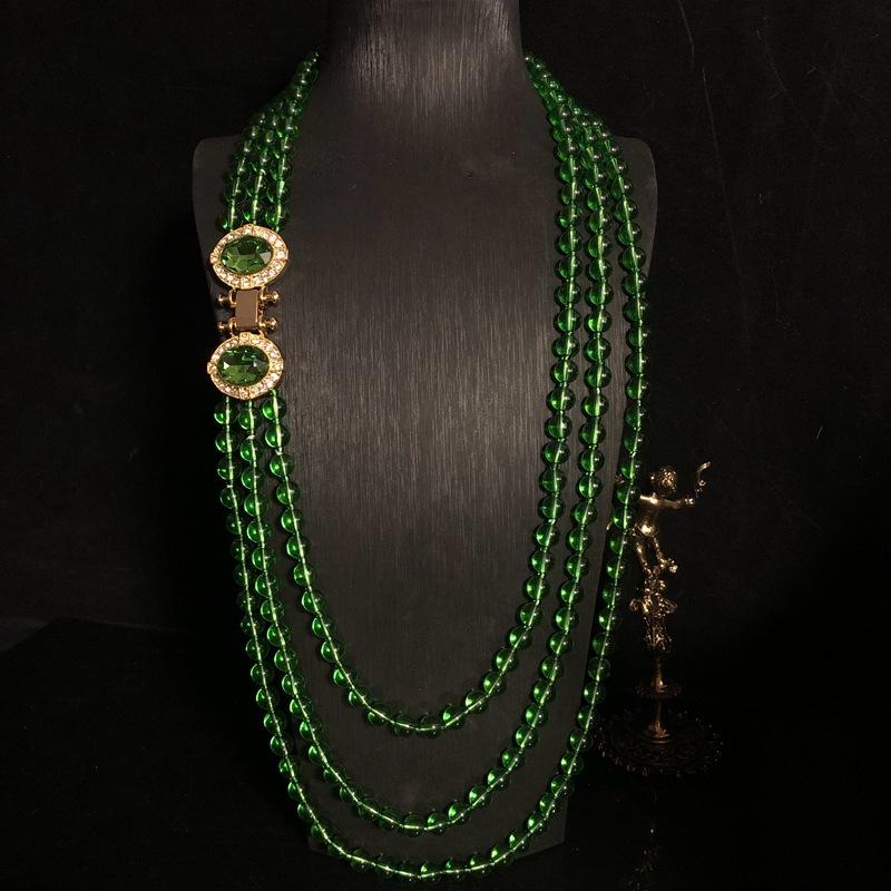 Multi-layer Glazed Pearl Green Crystal Diamond Long Necklace Versatile Sweater Chain Women