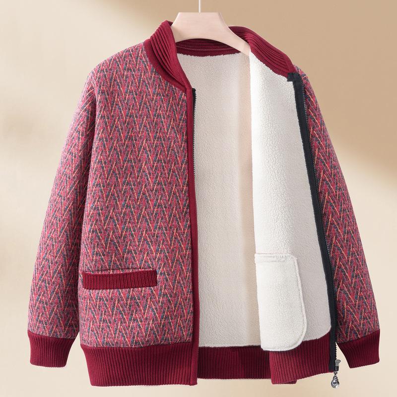 Mom Spring Knitted Sweater Women's New Middle-aged and Old Velvet Cardigan Top Spring and Autumn Grandma Sweater Jacket