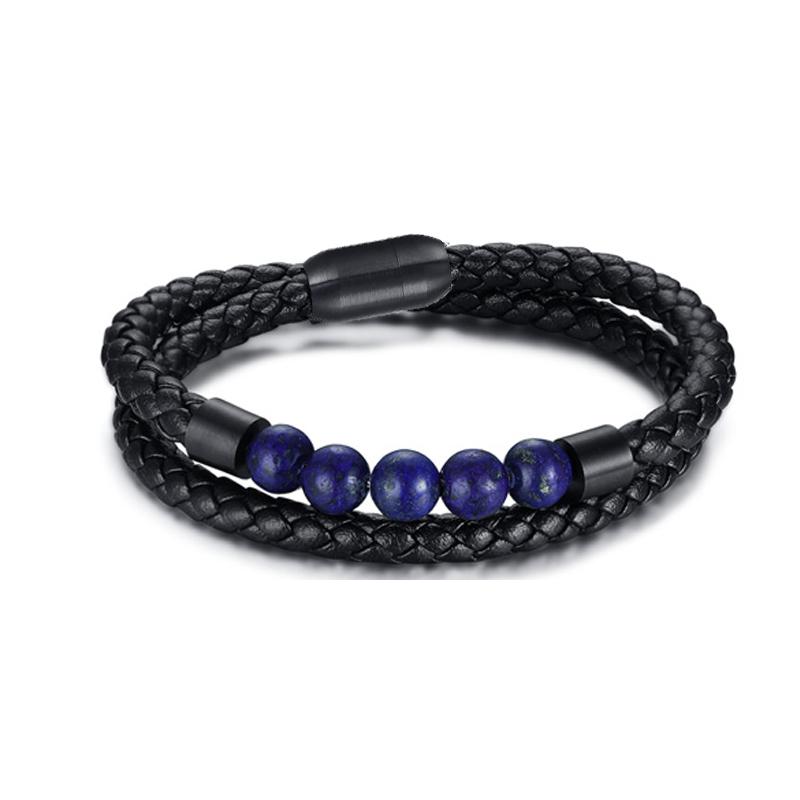 Titanium Steel Man Chakra Jewelry Wholesale Stainless Steel Men's Black Leather Volcanic Beaded Braclets Stone Leather Bracelets