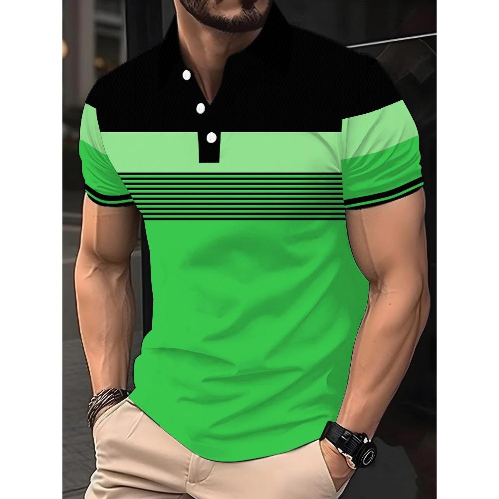 Men's Fashion Color Blocked Shirt, High Neck Golf Shirt, Short Sleeved Printed Button Up Clothing