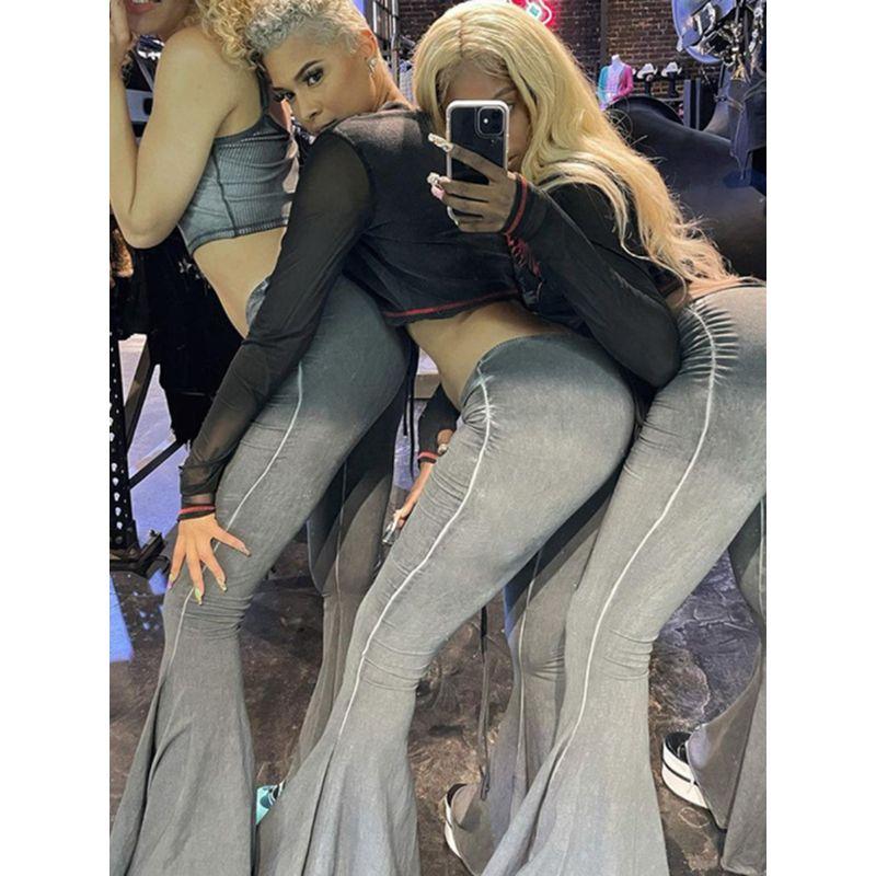 Fashion Sexy Wind Drawstring Lace Bell-Bottom Pants Ins High Street Sexy Low Waist Strap Hip Bag Women's Casual Pants