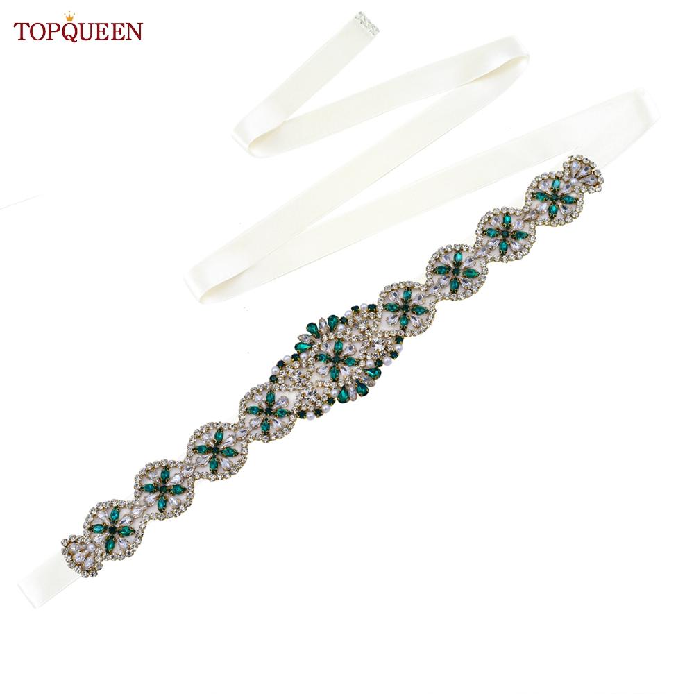 TOPQUEEN S161-KL Neuer Brautgürtel für Hochzeitskleider für Frauen in Gold, handgefertigt, Luxus-Schärpe, Zubehör für das tägliche Partykleid, grüner Strass