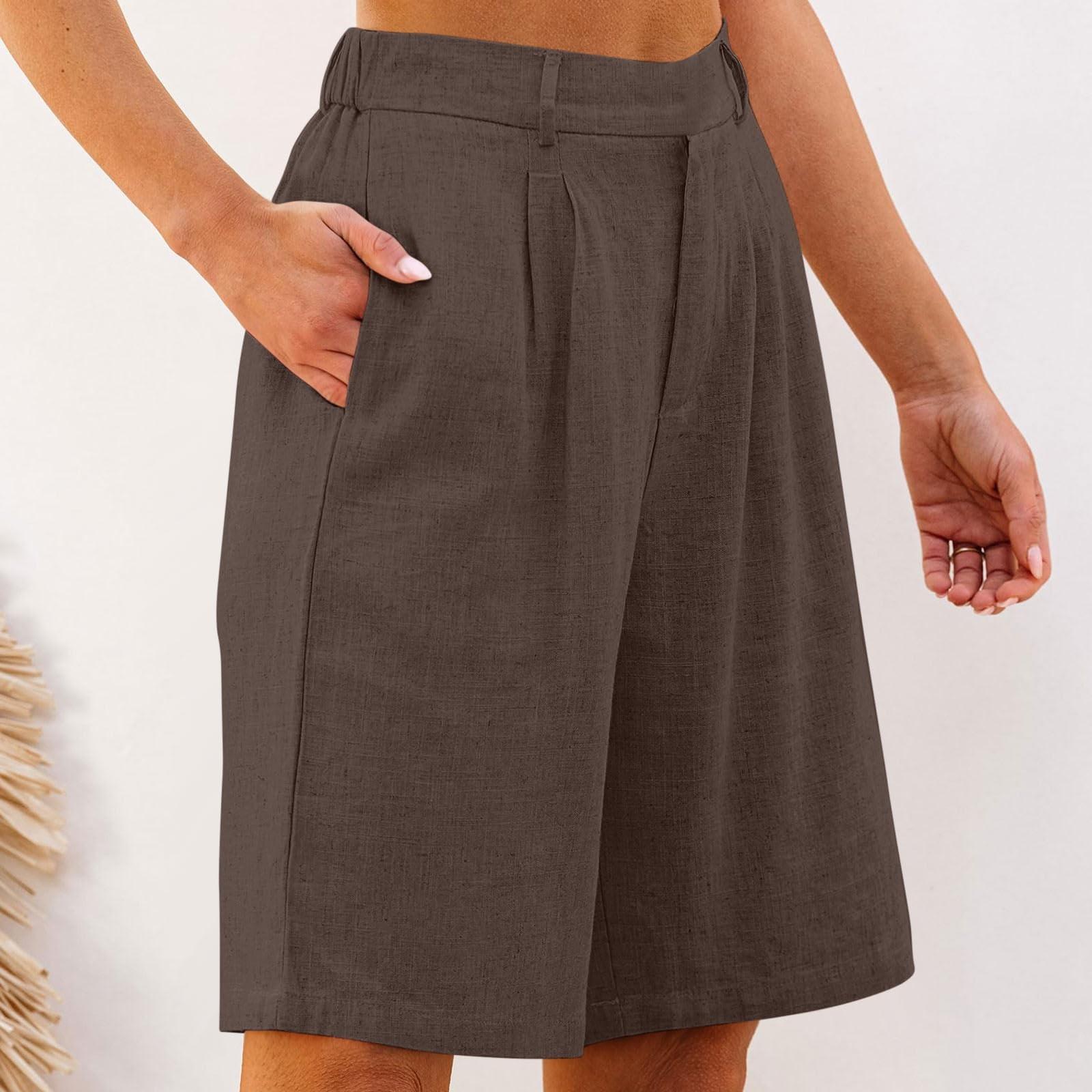 

Жіночі шорти довжиною до коліна, ошатні широкі штани з високою талією, жіночі лляні штани, літні повсякденні M кавовий