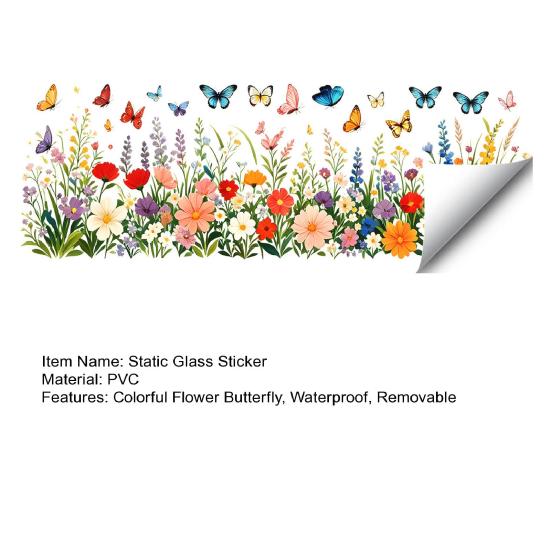 Yousheng Colorful Flower Butterfly Window Cling, Waterproof PVC Static Glass Sticker, Removable No Adhesive Window Sticker for Home Bedroom Kitchen