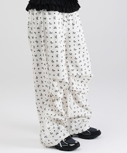 WHEN YOU MOVE Ribbon Pattern Cotton Wide Pants Ivory