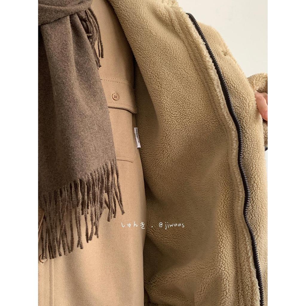 Unisex Japanese Retro Lambswool Leather Jacket for Autumn and Winter