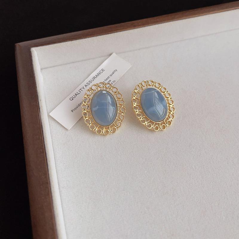Haze blue oil drop earrings female silver needle retro literary fashion temperament earrings niche high-end autumn and winter earrings