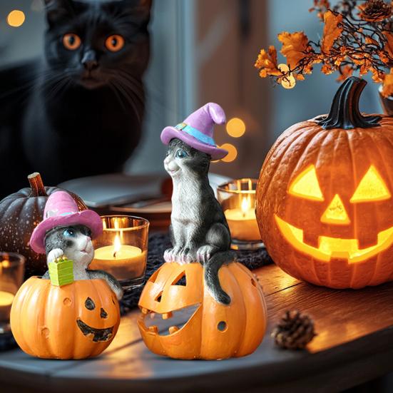 Halloween Cat On Pumpkin Figurine Cute Pumpkin Cat Statue Indoor Resin Sculpture for Shelf Tabletop Bedroom Entryway Decor