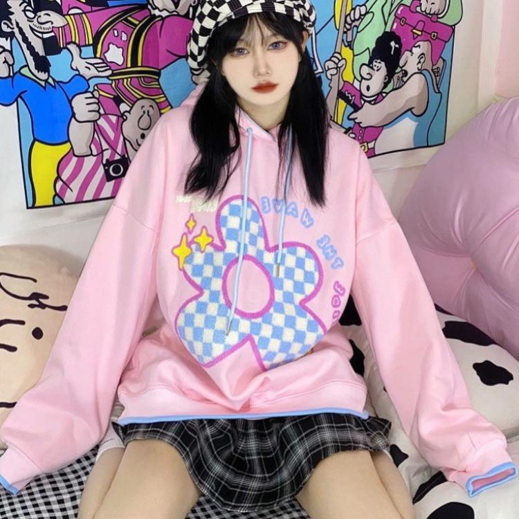 Kawaii Sweet Pink Hoodies Velvet Women Harajuku Japanese Fashion Hooded Sweatshirts Preppy Style Flower Embroidery Tops Winter Female