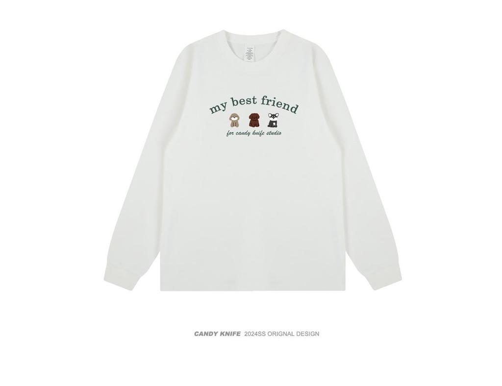 Korean Style Cute Cartoon Couple T-Shirt with Cuffed Long Sleeves for Autumn and Winter