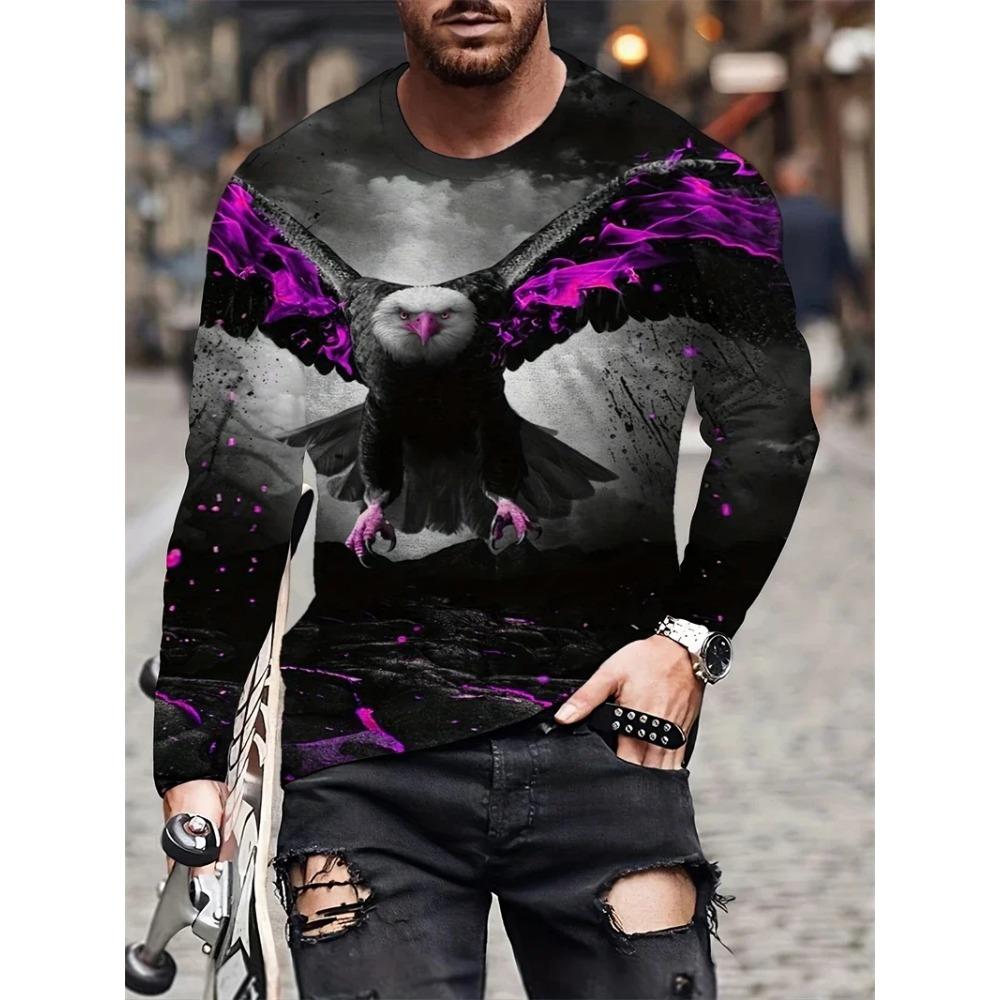 Street trend 3D eagle print men's casual round neck long sleeved T-shirt