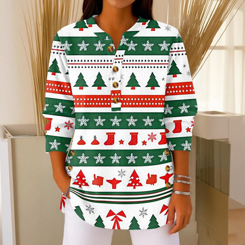 Women's Fashionable Button Collar Long-sleeved Christmas Print Pullover Top