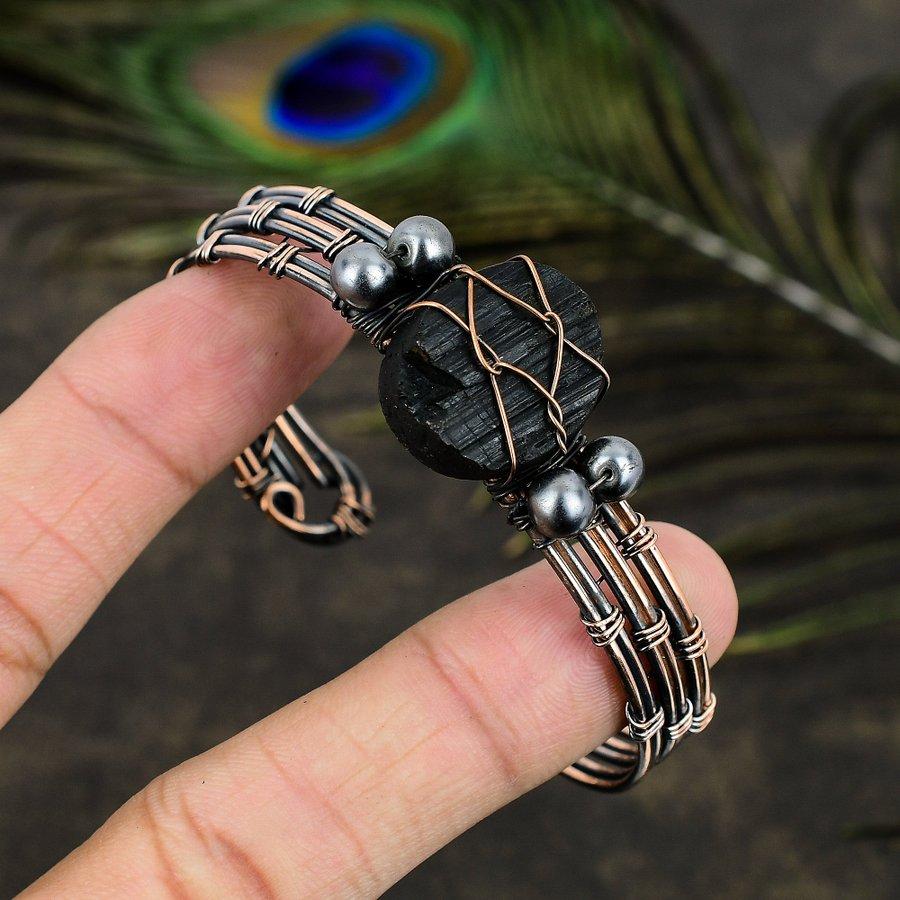Natural Black Tourmaline Gemstone Copper Wire Wrap Cuff Bangle Adjustable B0s64