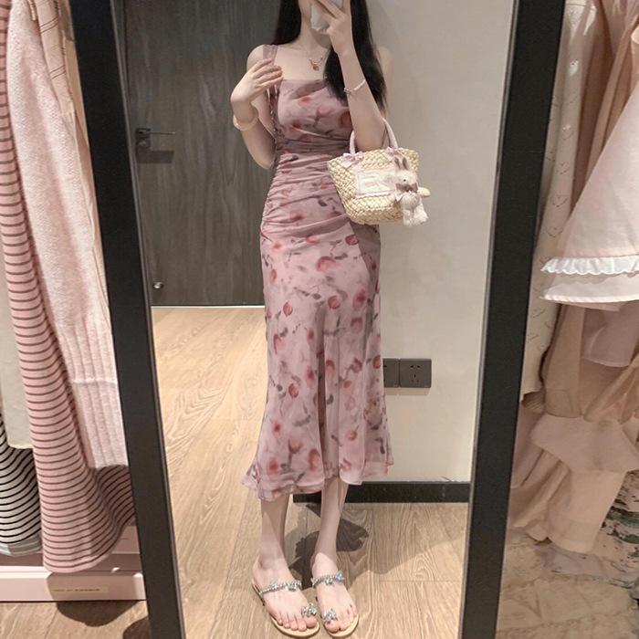 

Pink suspender floral dress women s summer coffee break French temperament waist thin hip-wrapped dress S розовый