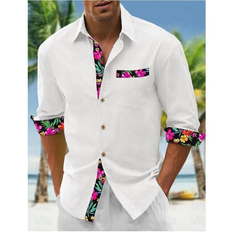 Men's linen shirt button beach shirt long sleeve floral lapel spring and autumn casual daily clothing clothing stitching
