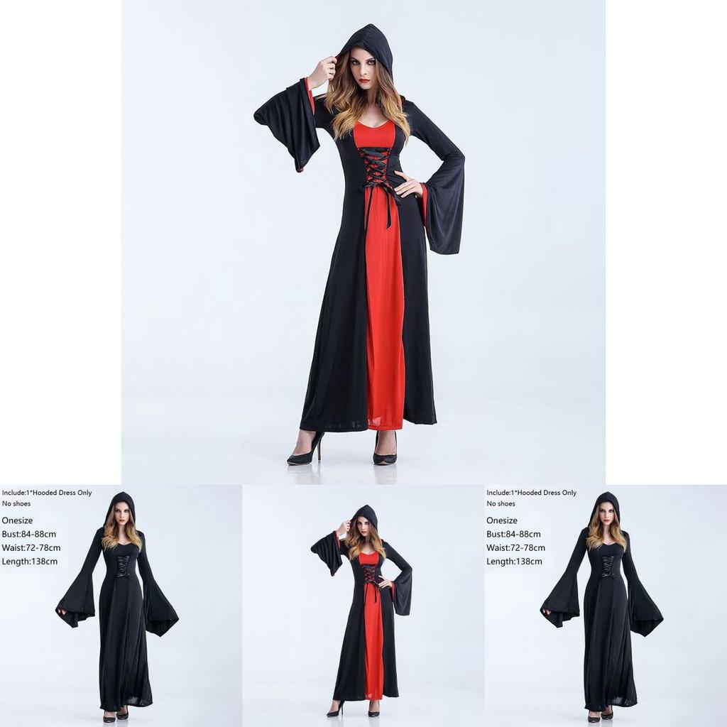 Enchanting Women Gothic Hooded Witch Wizard Dress With Flared Sleeves And Lace Up Design