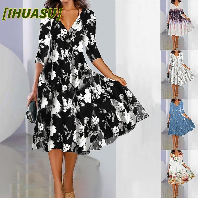 IHUASU Fashion Summer Spring 1/2 Sleeves V-Neck Casual Dresses