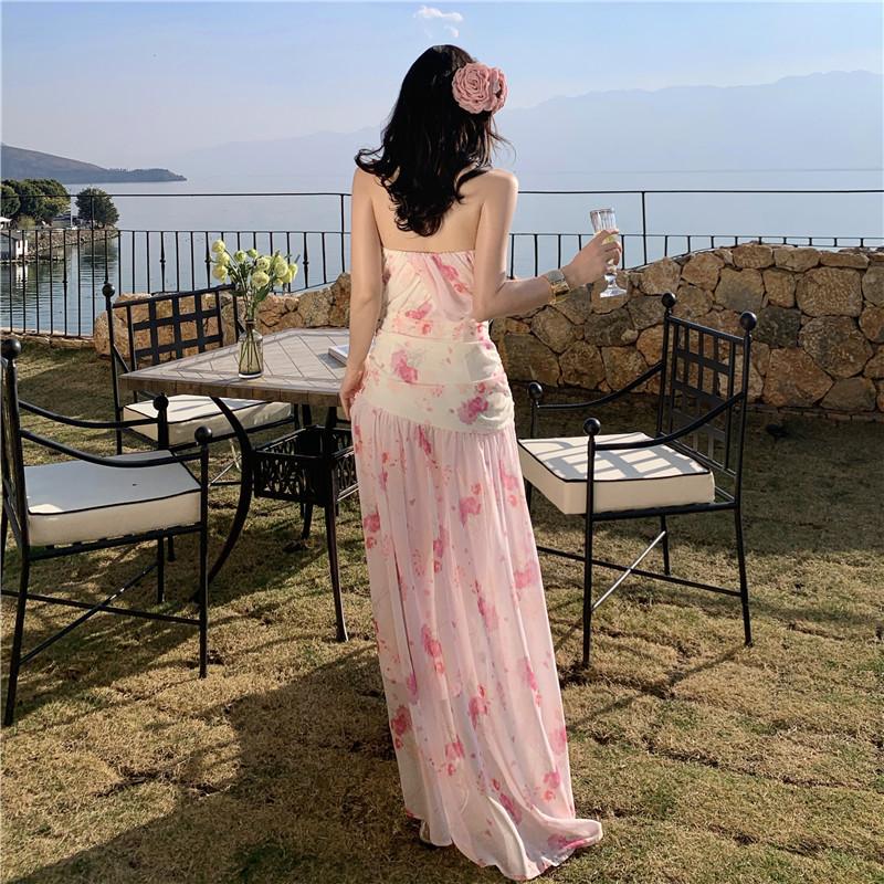 French niche floral new Chinese print dress seaside vacation suspender tube top beach dress