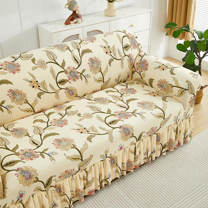 1pc Printed Skirt Sofa Cover, elastic, anti-slip. Simple, modern, all-season, dust & cat-proof. Retractable, washable, durable.