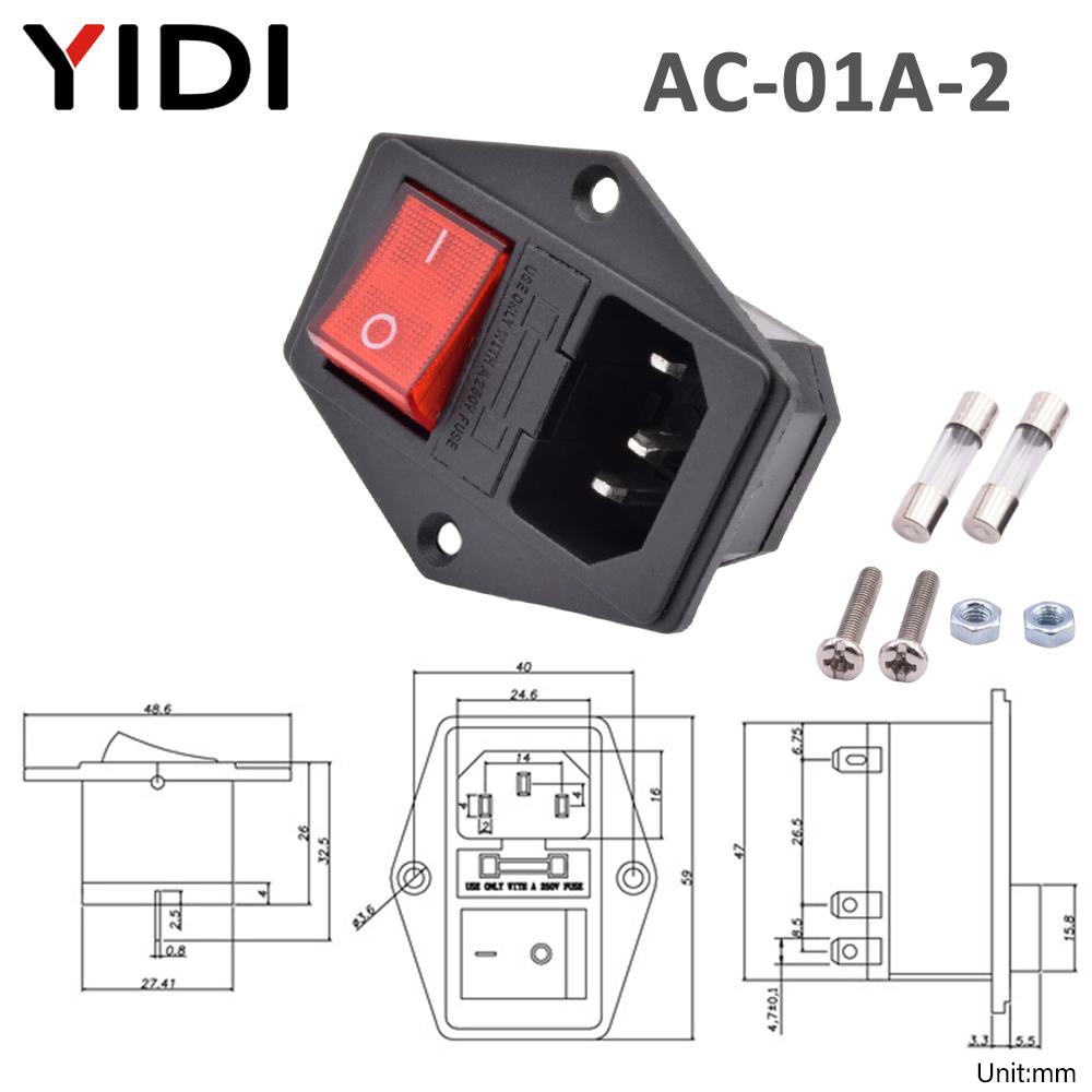 IEC 320 C13 C14 Inlet Power Plug Socket Rewirable 3 Pin Electrical Male Female Connector with Red Lamp Rocker Switch 10A Fuse