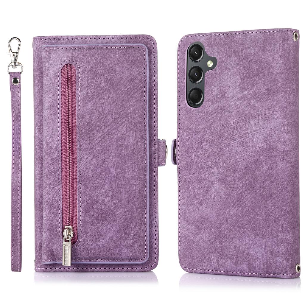 For Samsung Galaxy A35 5G Case Zipper Pocket 9 Card Slots PU Leather Phone Cover with Wrist Strap