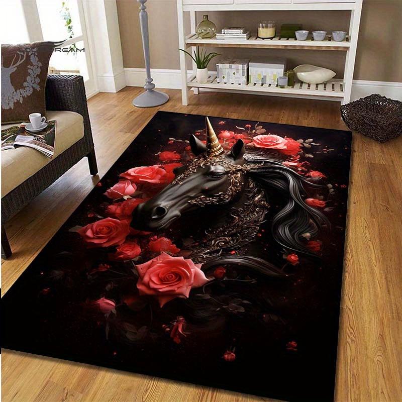 Black Unicorn with RosesRug forFantasyFansGothic Style Horse CarpetMagical LivingRoomDecorAnti slip carpet can be machine washed