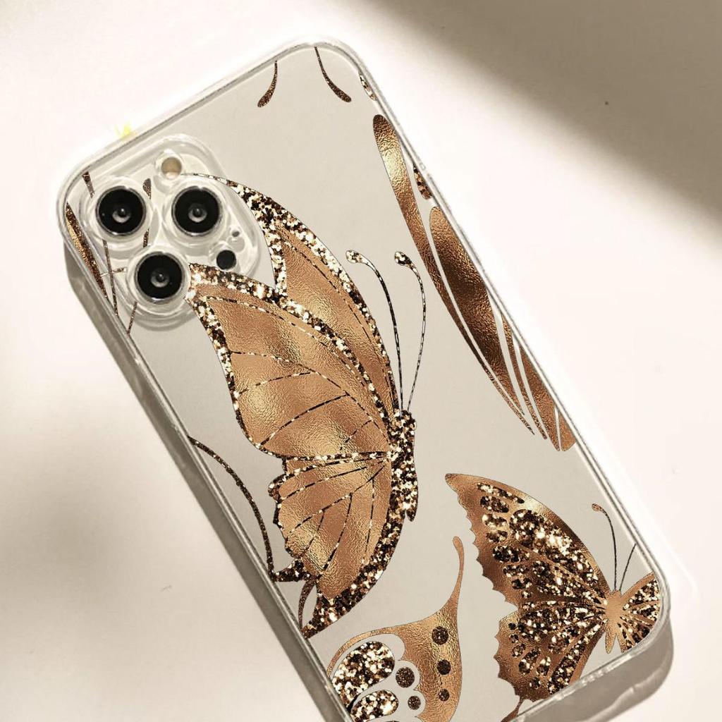 Custodia Trasparente Antiurto con Farfalla Dorata per Serie iPhone 14/15/16/17 Pro Max