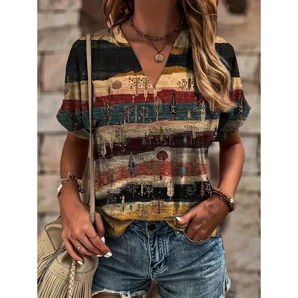 Summer Fashion 3D Personality Printed T-shirt Women's Loose Comfortable Soft Breathable V-neck Short Sleeved T-shirt