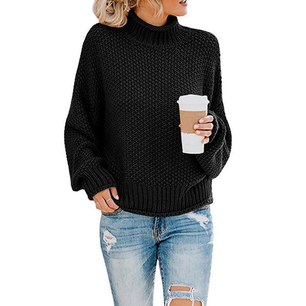 Autumn and Winter Women's Sweater Knitted Sweater Yarn Sweater Women's Curled Hem Pullover High Collar Bat Sleeve Solid Color Top
