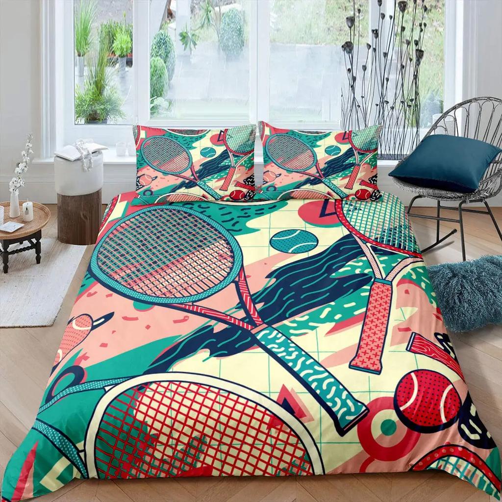 Tennisball Bettbezug-Set Sportspiel-Themen Bettwäsche-Set Einzelgröße für Jungen Jugendliche Erwachsene Tennisschläger Ball Bettdeckenbezug