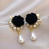 Retro Hong Kong Style Autumn and Winter Burgundy Black Velvet Rose Pearl Earrings Temperament Earrings 1111 New Trend