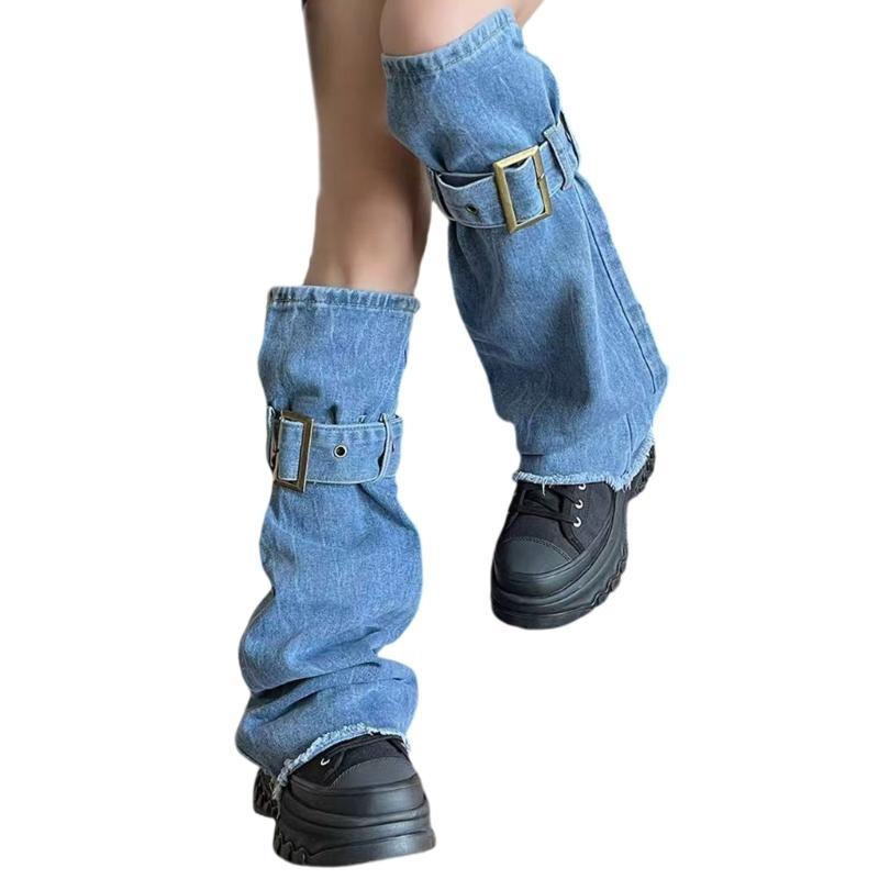 Harajuku Blue Leg Covers with Buckled Strap Washed Jeans Leg Warmer Flared Socks