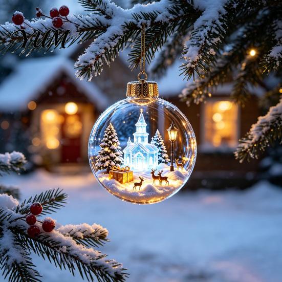 Transparent Christmas Tree Decor 3D Acrylic Faux Crystal Ball Ornament, Lighted Reindeer Sleigh Luminous Ornaments Snow Scene Hanging for Tree,