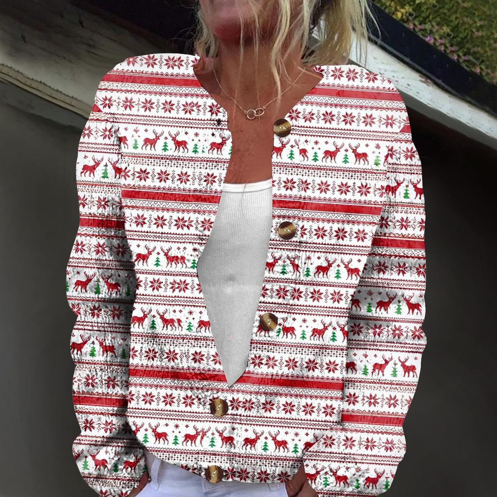 Women's Fashion Christmas Print Long Sleeve Knitted Cardigan Button Jacket