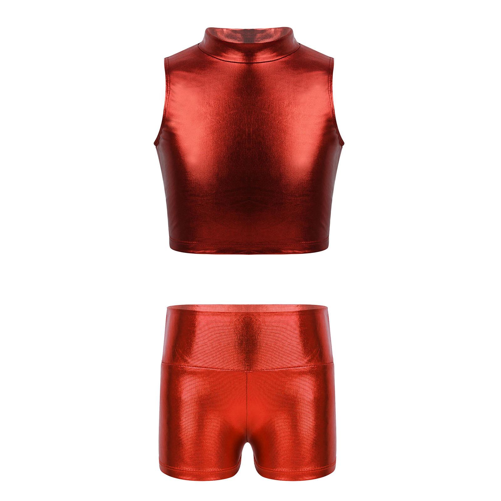 

Kids Sparkly High Waist Dance Shorts and Metallic Crop Top Sleeveless Mock Neck for Gymnastics Competition Stage Wear 5-6 Years красный