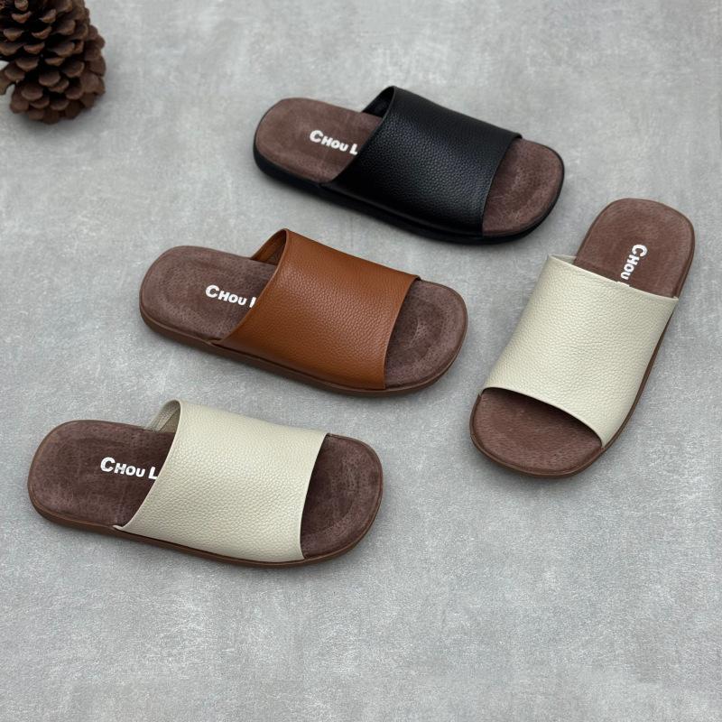 Johnature Genuine Leather Peep Toe Flat Slippers Simple Comfortable Soft Soled Cowhide Women's Slides